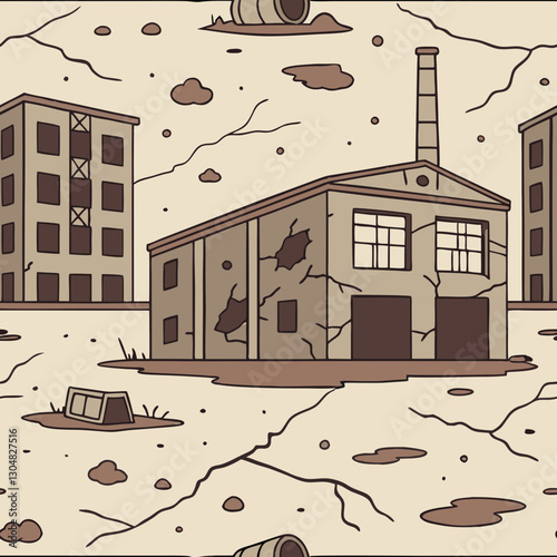 Urban decay pattern with abandoned factories and decaying landscapes rendered in rusty browns and faded grays. Broken windows and graffiti tags add a sense of urban grit against the cracked concrete 
