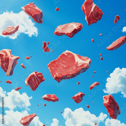 Steak Shower: A surreal image of raw steak falling from a bright blue sky filled with fluffy white clouds, creating a whimsical food dream.