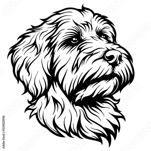 Barbet Dog Intricate black and white illustration of a fluffy dog drawing