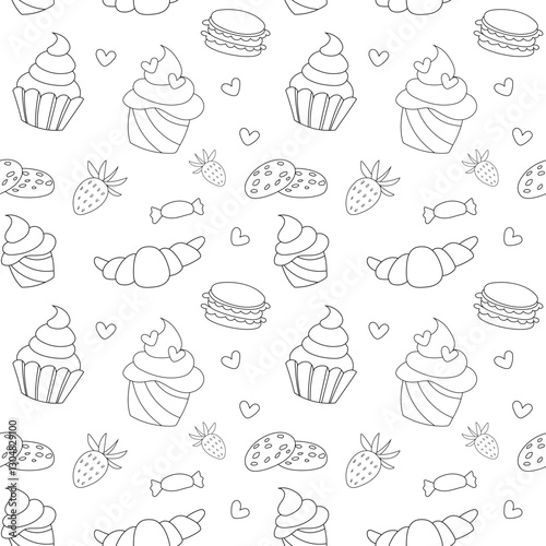 Sweet doodle is a seamless pattern of candies, muffins, goodies, pies and berries. Culinary background, wallpaper, packaging for pastry shops, coloring book, black and white.