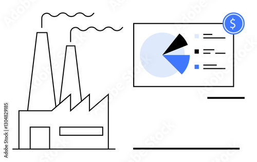 Factory with smokestacks and a financial dashboard displaying pie chart analytics and statistics. Ideal for industry, analytics, finance, economy, business strategy, investments, manufacturing. Flat