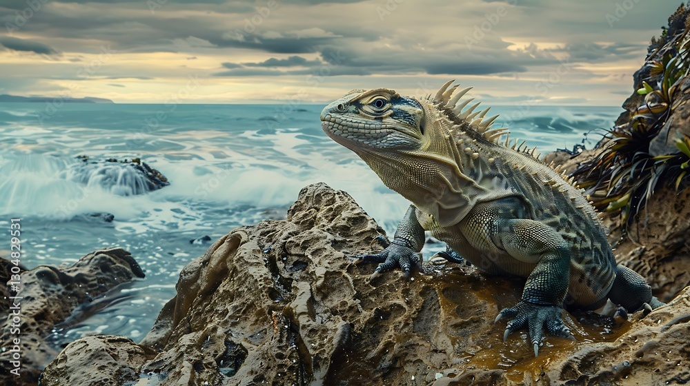 Fototapeta premium Lizard on Rocky Shoreline with Waves and Dramatic Sky at Sunset near Coastal Water
