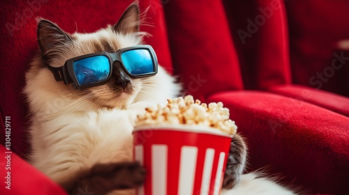 A sleepy Ragdoll cat, complete with adorable glasses perched on its nose, relaxes on a cozy red couch while savoring some delicious popcorn