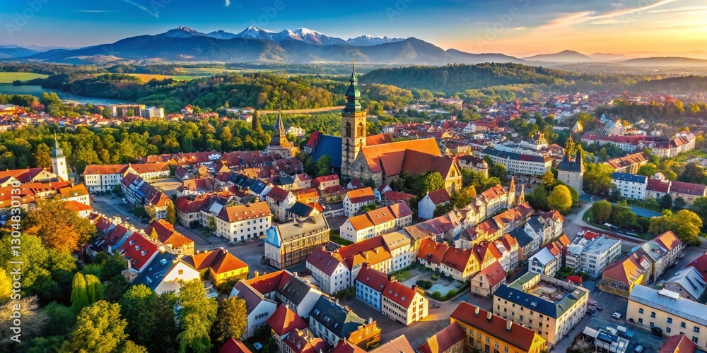 Naklejka premium Walbrzych Cityscape Aerial View: Sudetes Mountains Panorama