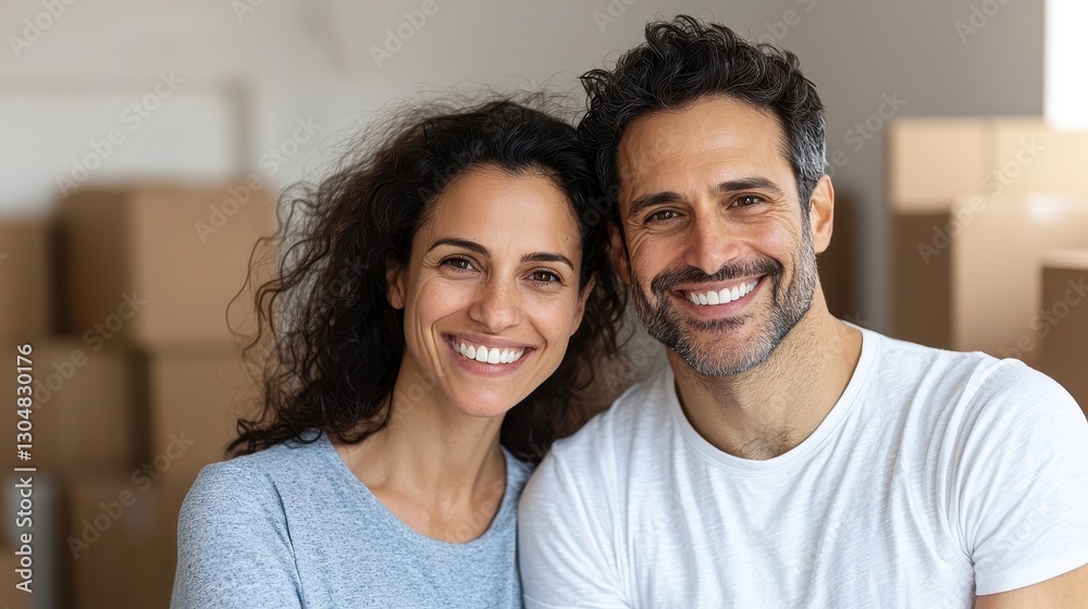 Happy couple smiling together in a warm indoor setting surrounded by cardboard boxes and a cozy atmosphere