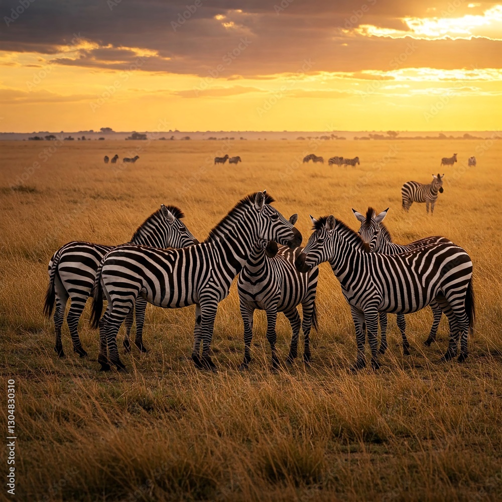 Naklejka premium Zebra Herd in Golden Grasslands at Sunset, African Savanna Wildlife Photography