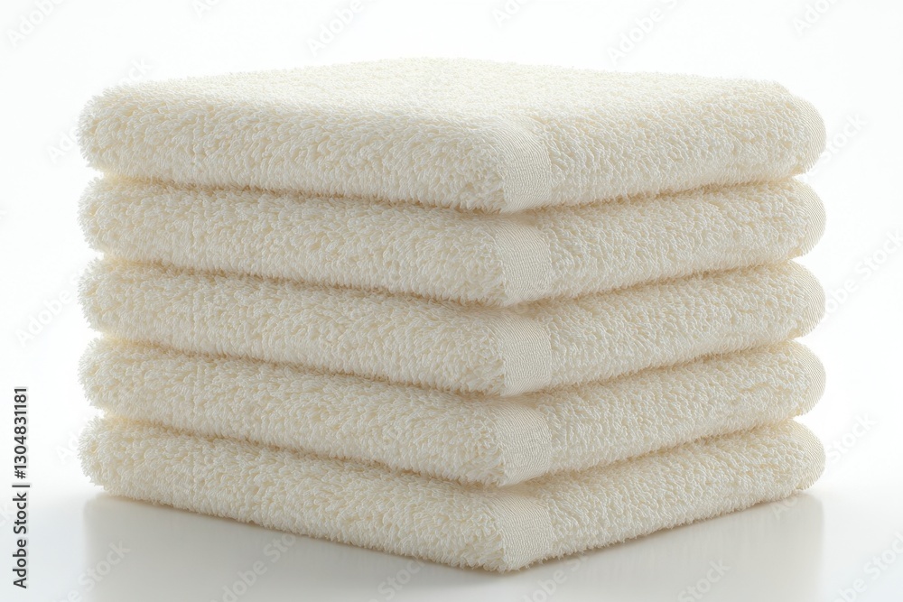 Stack of Soft Creamy White Terry Cloth Towels Freshly Folded on a White Background with Subtle Shadow and Studio Lighting for Stock Photography Stack of Soft Creamy White Terry Cloth Towels Freshly Folded on a White Background with Subtle Shadow and Studio Lighting for Stock Photography