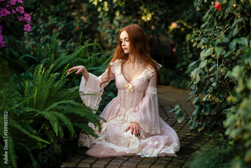 Beautiful red head girl in pink  vintage dress  standing near green plants and fern. Art work of romantic woman .Pretty tenderness model posing in garden.