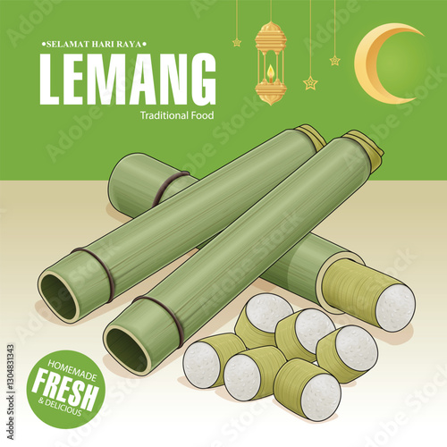 Hari Raya Aidilfitri background design with lemang. Malay means Fasting day celebration, I seek forgiveness, physically and spiritually, Lemang means tradisional food for Hari Raya.