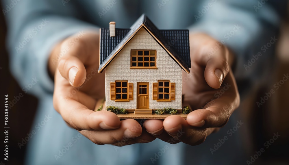 Businessperson holding a miniature house in hands Businessperson holding a miniature house in hands