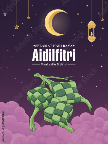 Hari Raya Aidilfitri background design with ketupat. Malay means Fasting day celebration, I seek forgiveness, physically and spiritually.