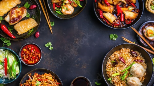 A selection of traditional Chinese food, including dumplings, fried rice, and noodles, arranged on a dark background for a dramatic presentation.  
