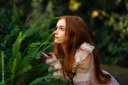 Slika na platnu Beautiful red head girl in pink  vintage dress  standing near green plants and fern