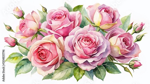 Watercolor Pink Rose Bouquet, Hand-Painted Floral Illustration, Isolated White Background