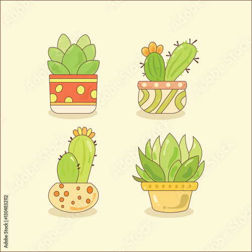 A set of cute cacti and succulents in pots. Bright vector artwork in a cartoon style. Perfect for greeting cards, prints, packaging, web, and app design.
