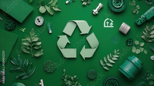 Wallpaper Mural Recycled brake pads and eco-friendly icons on a green background, promoting sustainability in the auto industry. Torontodigital.ca