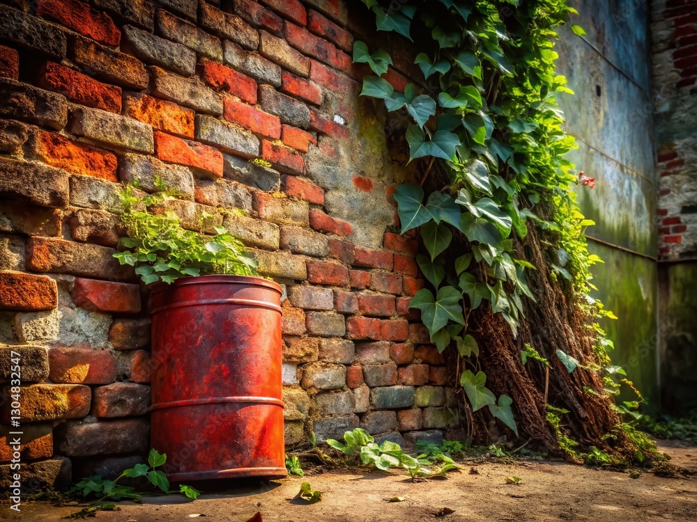 Weathered Brick Wall with Rusty Red Paint Can - Urban Exploration Photography Weathered Brick Wall with Rusty Red Paint Can - Urban Exploration Photography