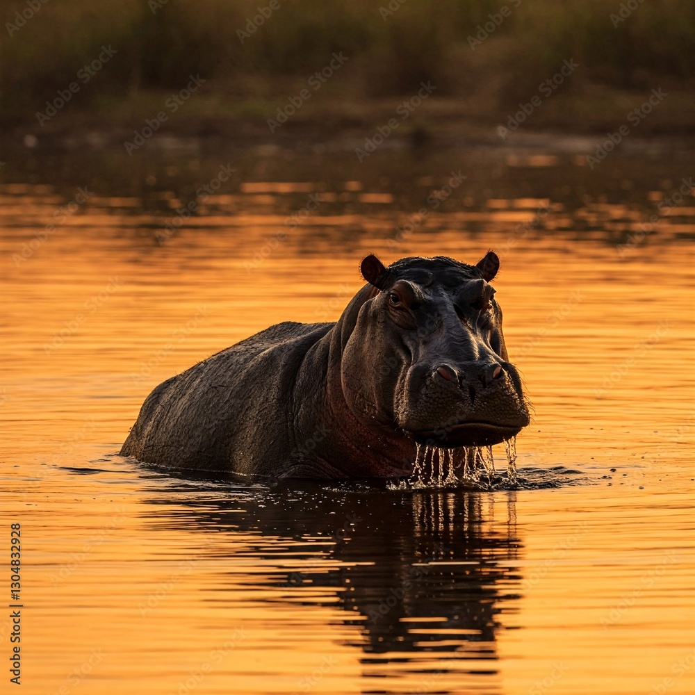 Fototapeta premium Hippo in River at Sunset, African Landscape Illustration with Warm Light
