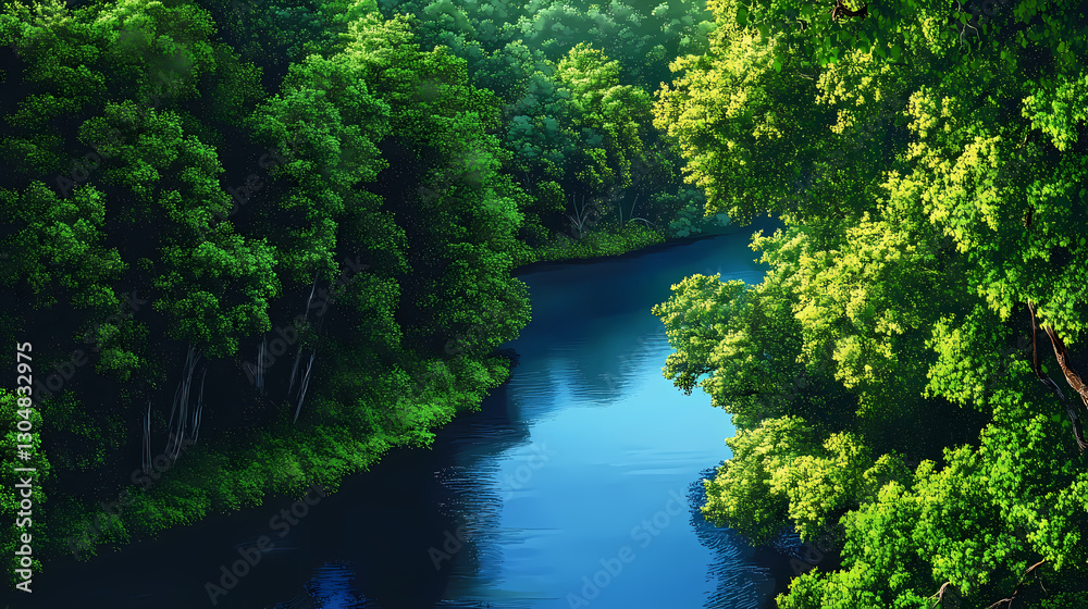 River winding through dense forest illustration River winding through dense forest illustration