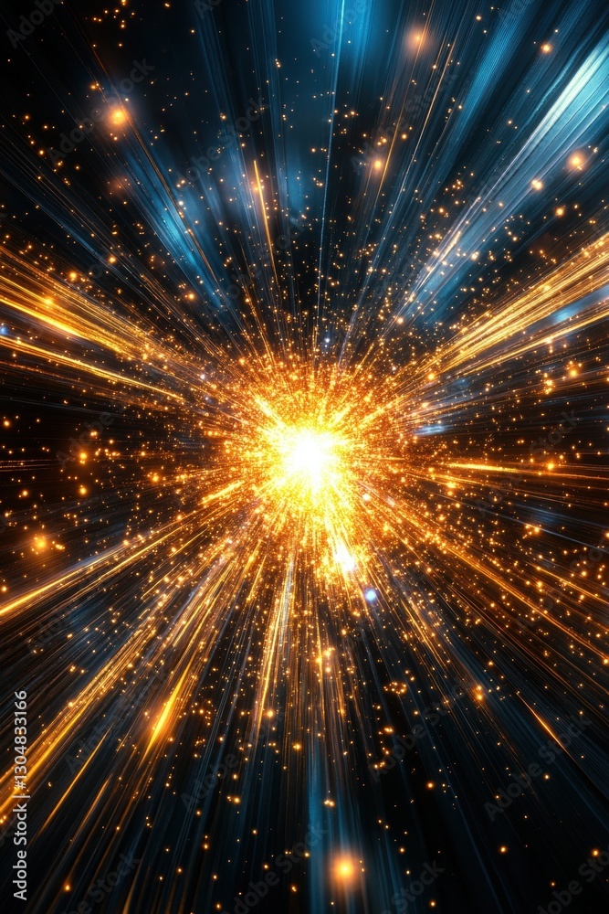Fototapeta premium Abstract cosmic burst with radiant light streaks on deep blue background creating a dynamic and energetic visual effect perfect for science fiction themes