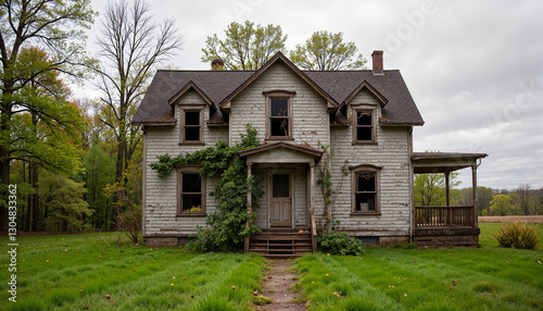 Abandoned decrepit house surrounded by overgrown field, desolation