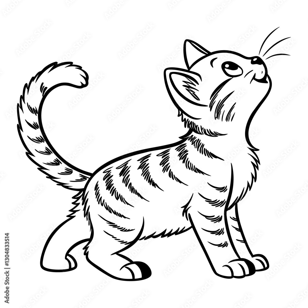 Fototapeta premium Black and White Line Art Illustration of a Curious Kitten Looking Upward with Tail Curled and Whiskers Extended.