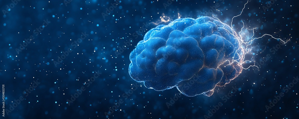 Fototapeta premium White 3D brain graphic on dark blue background, white lightning bolts surrounding the brain, stress awareness day concept, suitable for mental health healthcare campaigns