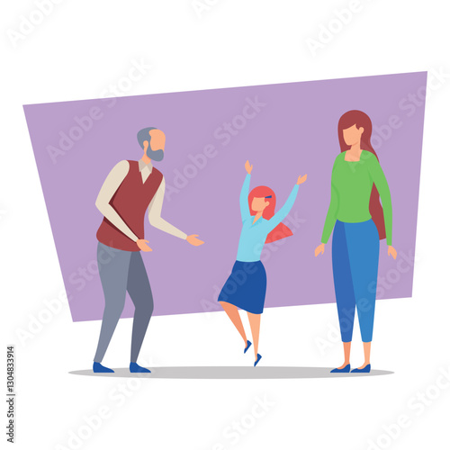 Child jumping with excitement in midst of cheerful family gathering, while parents showing joy and support in colorful setting