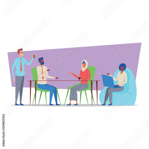 Diverse group of four individuals engaged in lively discussion in relaxed environment. People sharing ideas while enjoying beverages and using laptop