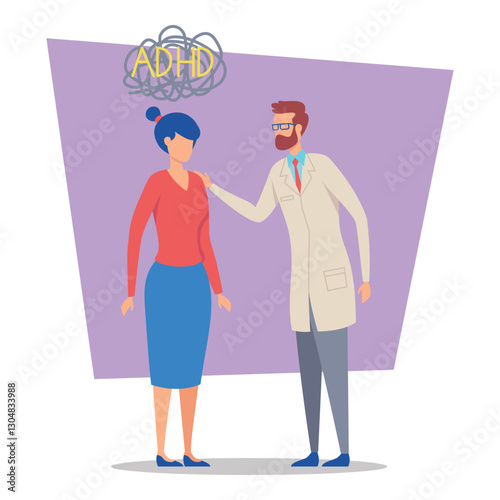 Healthcare professional discussing ADHD with female patient. Doctor, dressed in lab coat, offering guidance while patient looking engaged and curious