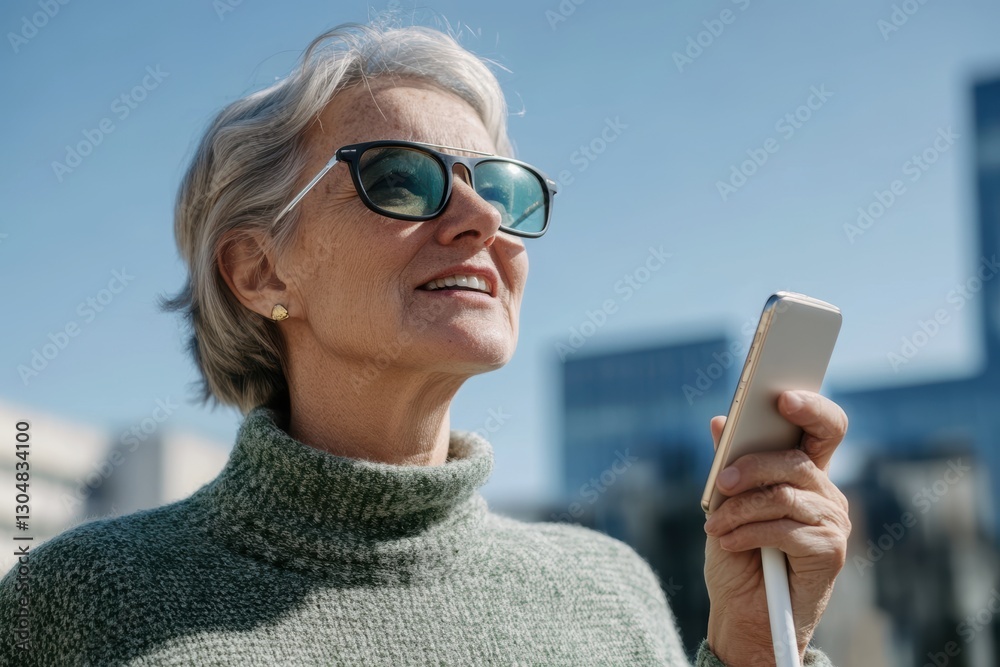Blind person uses a special smartphone app adapted for the blind, technological accessibility for people with disabilities