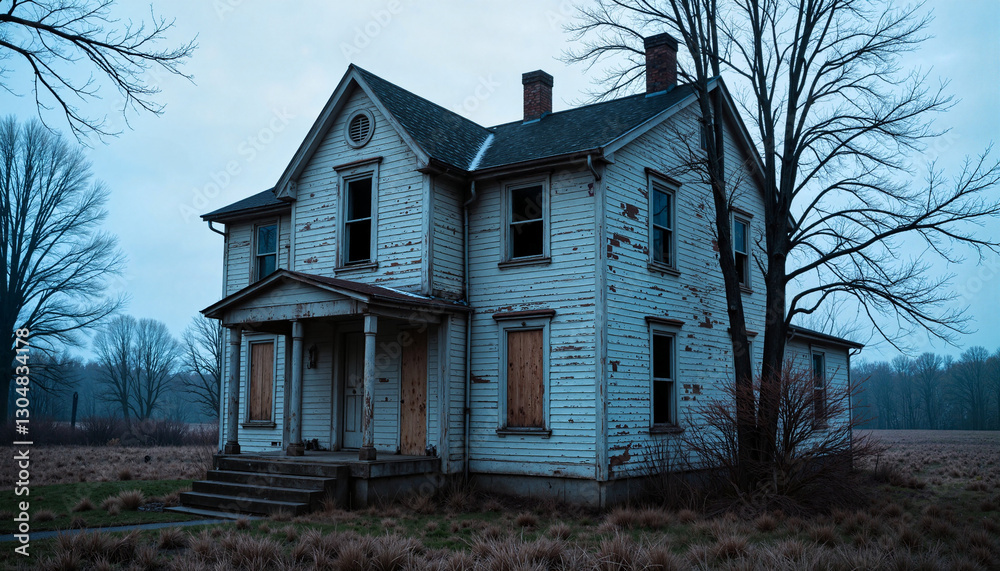 Haunting abandoned building in misty morning, isolation and decay Haunting abandoned building in misty morning, isolation and decay