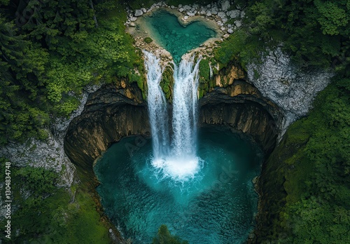 Breathtaking Aerial View of a Heart Shaped Waterfall Surrounded by Lush Greenery and Crystal Clear Waters in a Serene Natural Landscape
