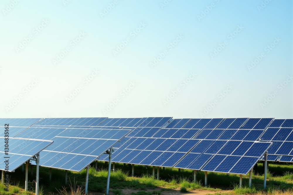 Large solar farm with reflective panels under bright sunlight, renewable energy concept . Large solar farm with reflective panels under bright sunlight, renewable energy concept .