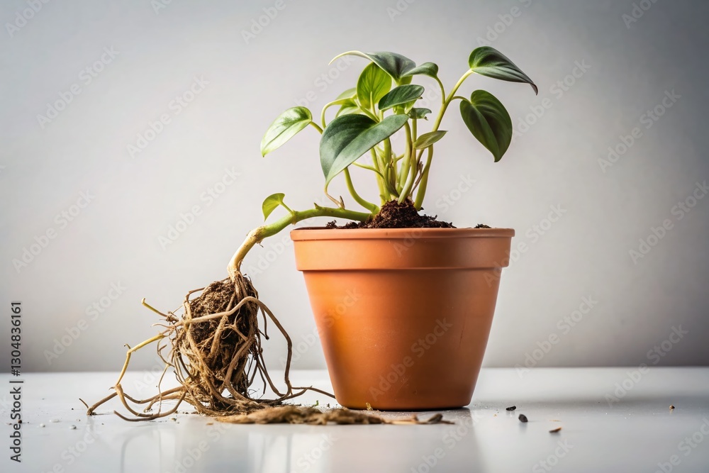 Obraz premium Wilting Potted Plant with Tangled Roots - Needing Transplant