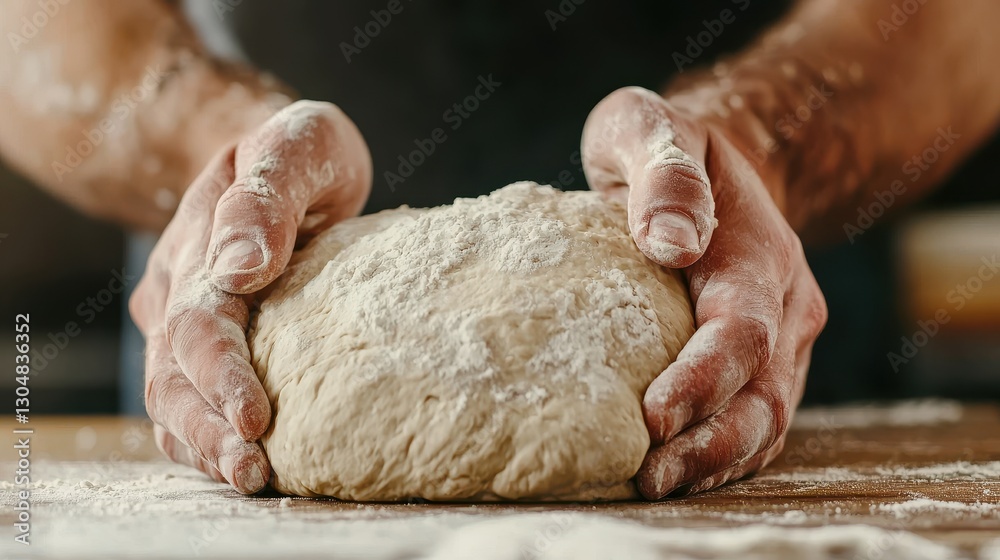 Hands Kneading Dough on Wooden Surface Surrounded by Flour in a Rustic Kitchen for Bakery Preparation Hands Kneading Dough on Wooden Surface Surrounded by Flour in a Rustic Kitchen for Bakery Preparation