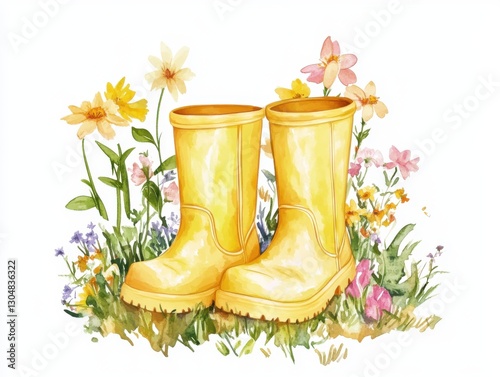 Fashion spring illustration with yellow rubber boots and cactus flowers for design