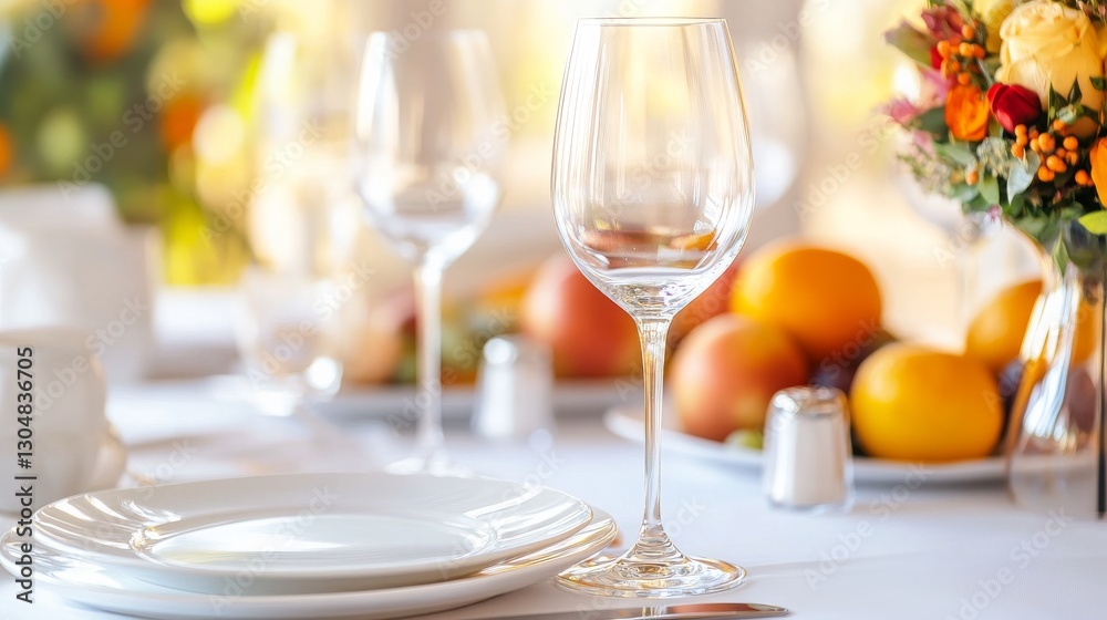 Table Setting for a Festive Gathering: A pristine table setting featuring elegant wine glasses, sparkling cutlery.