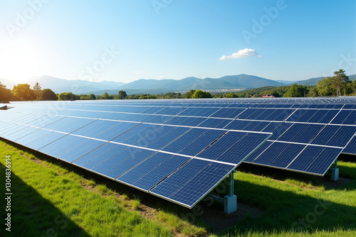 Large solar farm with reflective panels under bright sunlight, renewable energy concept  .