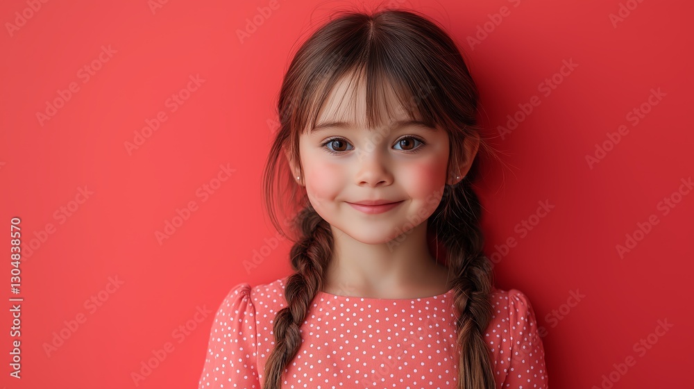 A cute little girl, wearing a pink polka dot dress and her long hair in a braid with bangs, poses for the camera against an isolated pastel red background. A cute little girl, wearing a pink polka dot dress and her long hair in a braid with bangs, poses for the camera against an isolated pastel red background.