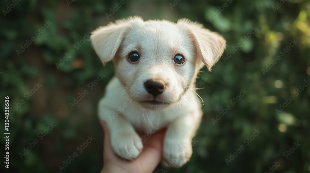 Small white puppy with blue eyes being held gently in human hands. Small white puppy with blue eyes being held gently in human hands.