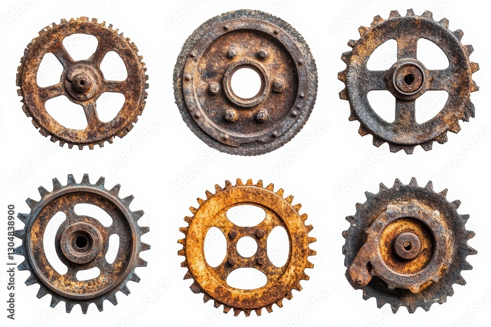 Collection of Six Antique Rusty Gears on White Background Industrial Heritage and Mechanical Components Precision Engineering and Time Machine Concept Collection of Six Antique Rusty Gears on White Background Industrial Heritage and Mechanical Components Precision Engineering and Time Machine Concept