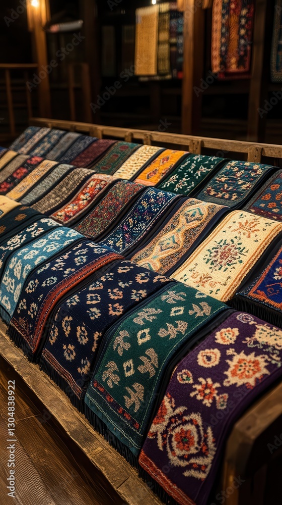 custom made wallpaper toronto digitalColorful patterned rugs on wooden display rack showcasing intricate designs and rich textures