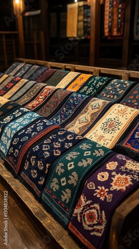 Wallpaper Mural Colorful patterned rugs on wooden display rack showcasing intricate designs and rich textures Torontodigital.ca