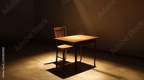 Wallpaper Mural Empty wooden desk and chair, spotlight, minimalist interior Torontodigital.ca