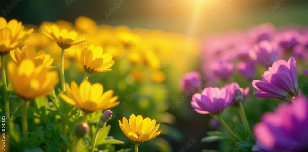 Fototapeta premium Field of flowering potato plants with bright yellow and purple hues, flower, sunlight, nature