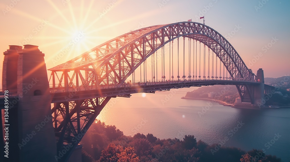 Obraz premium Scenic View of Iconic Bridge at Sunset Over Serene River Waters