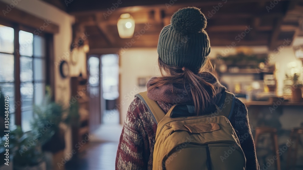 Obraz premium Young Woman in Green Beanie and Backpack Walking Through Cozy Cabin Interior Decor