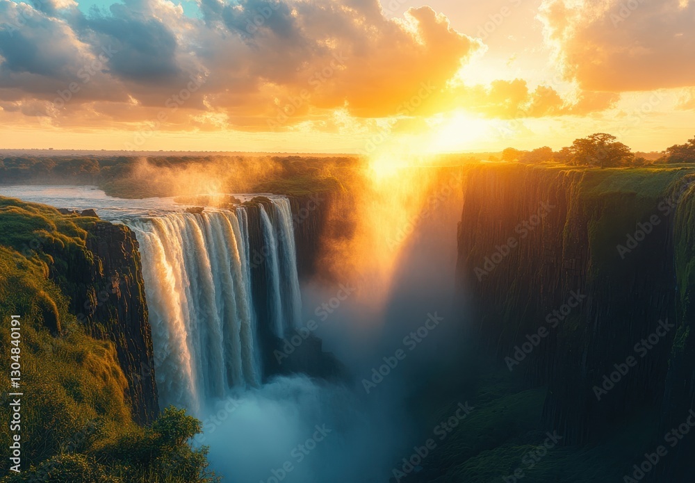 Fototapeta premium Breathtaking sunset view over majestic waterfalls surrounded by lush greenery and misty haze, capturing nature's beauty at its finest in golden hour light.