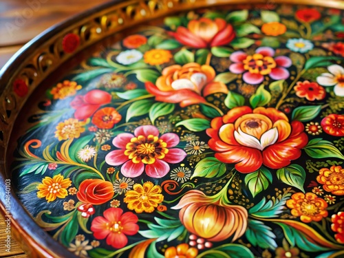 Zhostovsky Tray: Vibrant Russian Folk Art Souvenir, Hand-Painted Floral Design on Wooden Tray photo